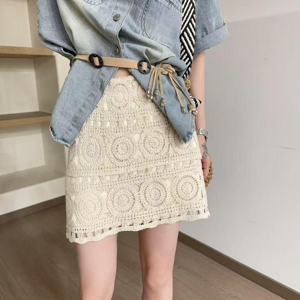 Bohemian Crochet High-Waist Hip-Hugging Midi Skirt for Women