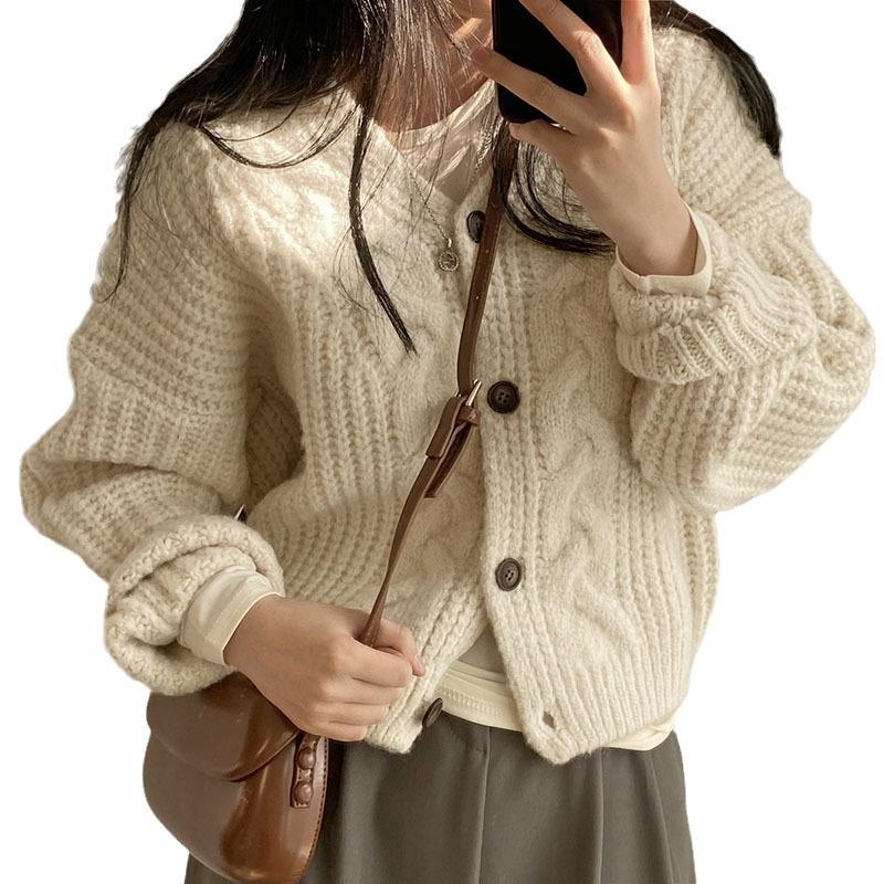 Autumn Simple Lazy Wind Bubble Sleeve Twist Pattern Loose Knitted Cardigan Sweater Jacket Women