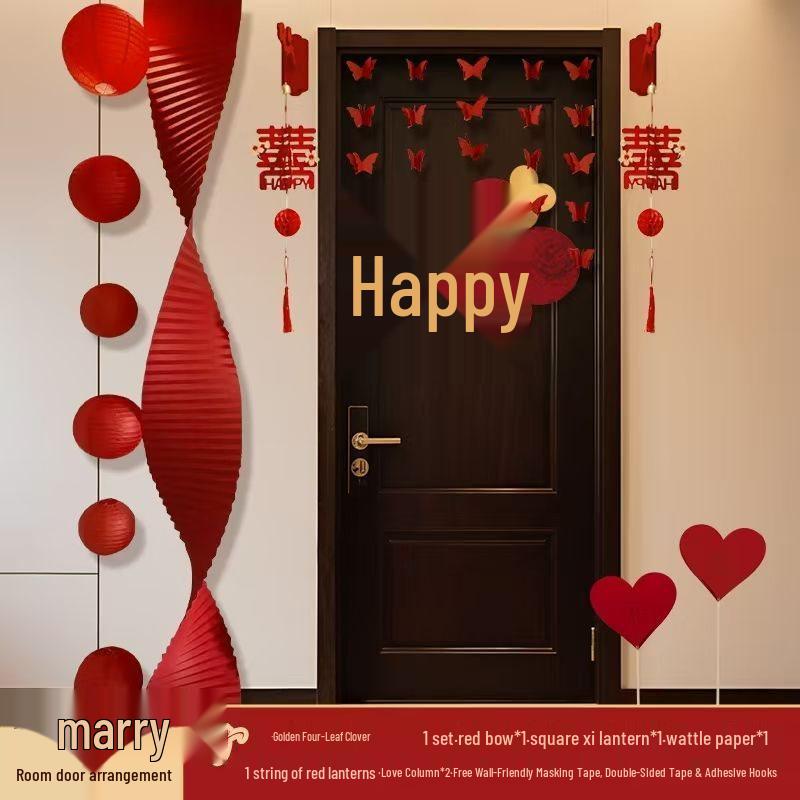 Wedding Decoration Set: Groom & Bride Xi Character Door Stickers & Hanging Ornaments