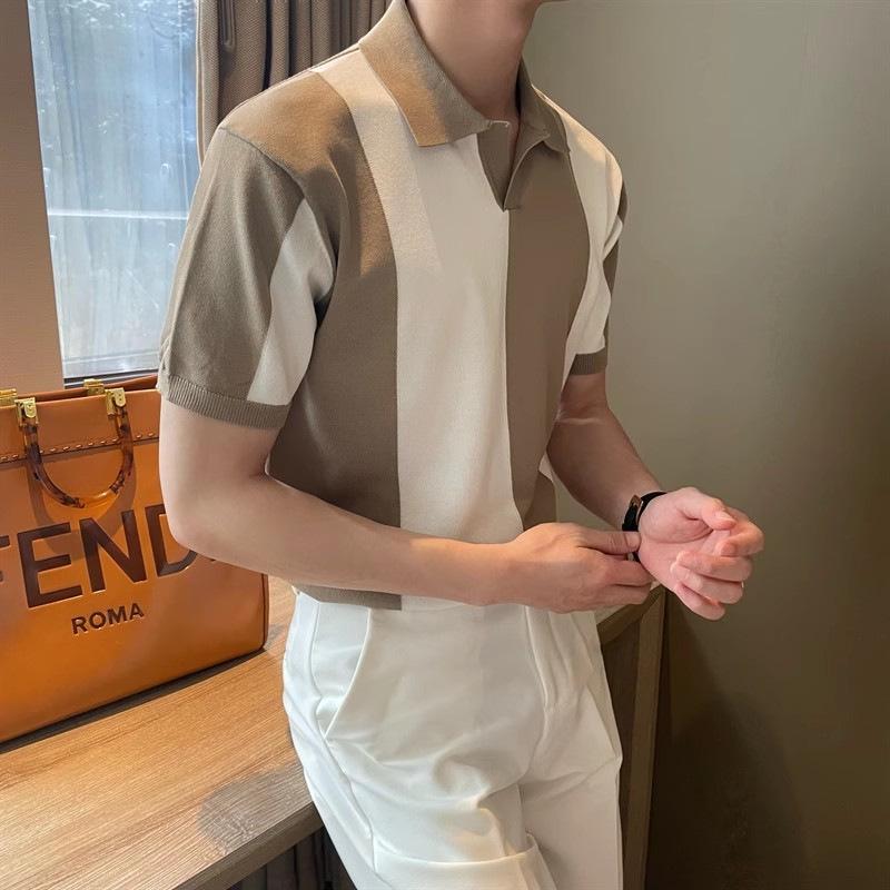 Pánská polokošile Slim Fit z ledového hedvábí - S krátkým rukávem, korejský styl, ležérní s límečkem