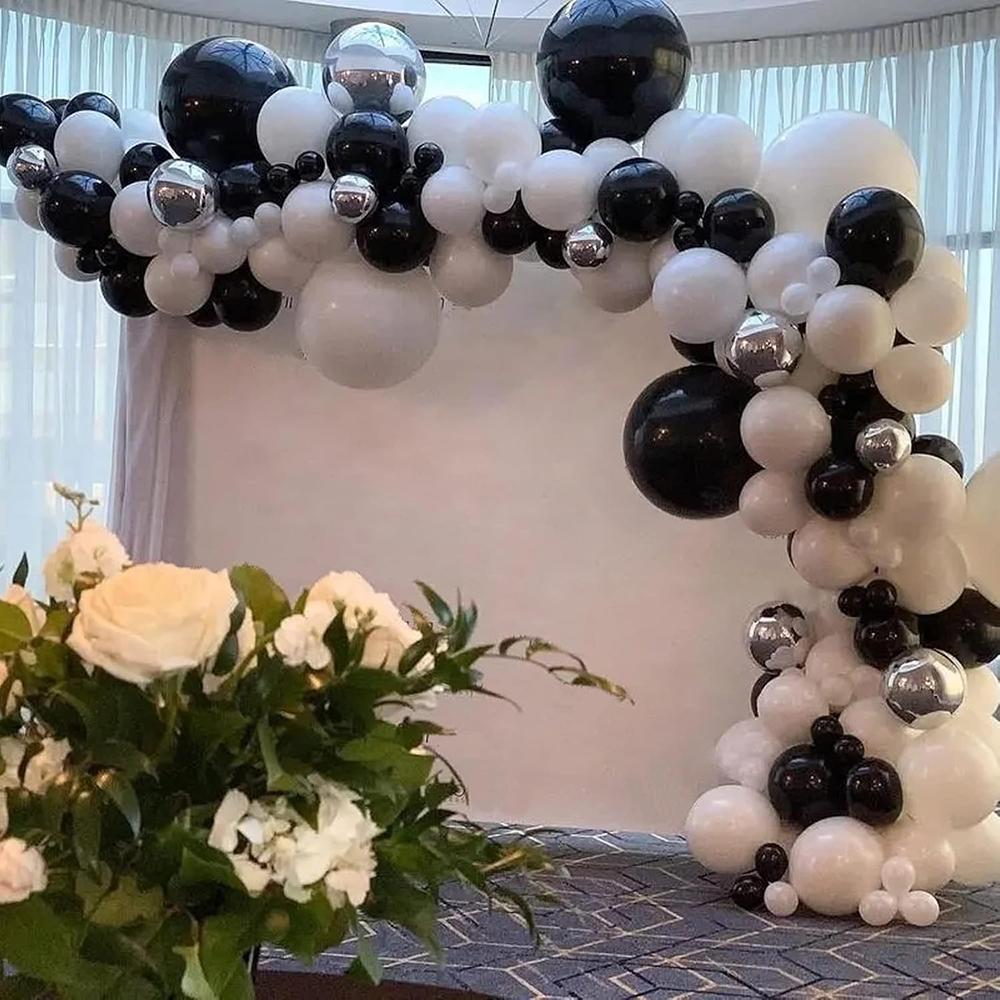 Schwarze und weiße Luftballongirlande aus Metall mit silbernem Konfetti, Ballonbogen-Set für Silvester, Geburtstagsfeiern, Hochzeiten und Abschlussfeiern, Dekoration für Globos