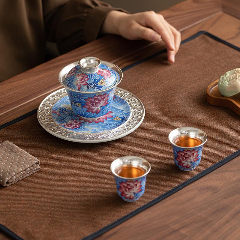 Su's Ceramic Gilded Silver Lotus Pond Clear Fun Bowl Set, Intangible Cultural Heritage Master Zheng Wenqiang's Kung Fu Tea Set Gift Box
