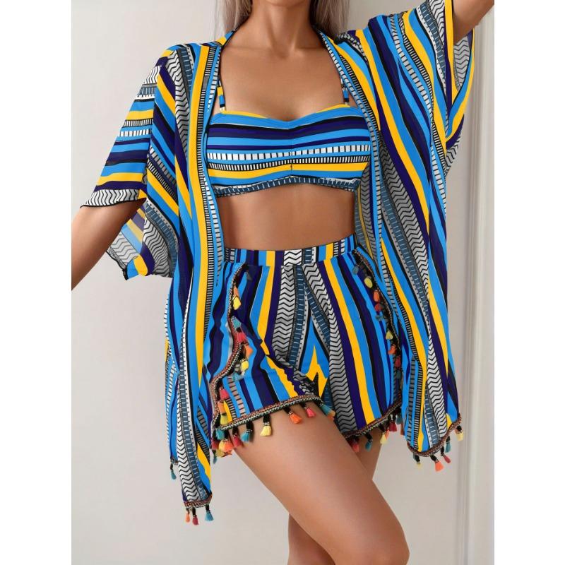 White 3 Piece Bikini Set with Tassel Cover Up Kimono and Shorts Boho Beachwear