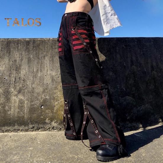 Women Pants High Waist Color Block Wide Leg Casual Trousers Loose Fit Retro Cool Long Pants Streetwear