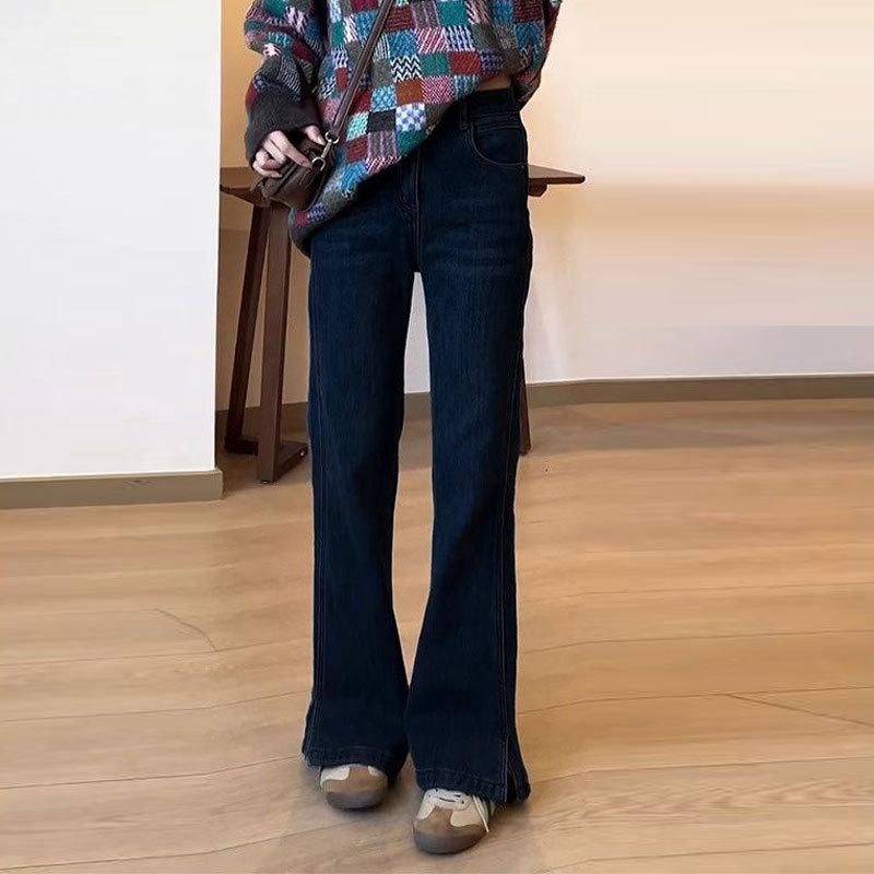 

WTEMPO Эластичные джинсы микроклеш с разрезом для женщин больших размеров с высокой талией, стройнящие брюки прямого кроя 2XL чёрный