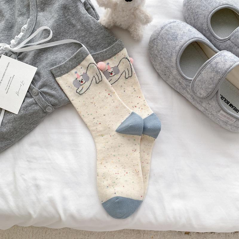 Women's Thin Seamless Cotton Socks - Cartoon Animals & 3D Bow, Mid-Calf Slouch, College Style for Spring & Summer