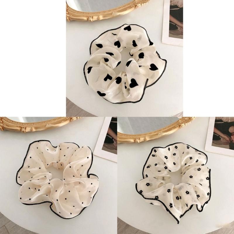 Soft Fabric Scrunchies Hair Tie For Women Girls Round Dot Floral Heart Design Elastic Hair Accessories No Metal Part