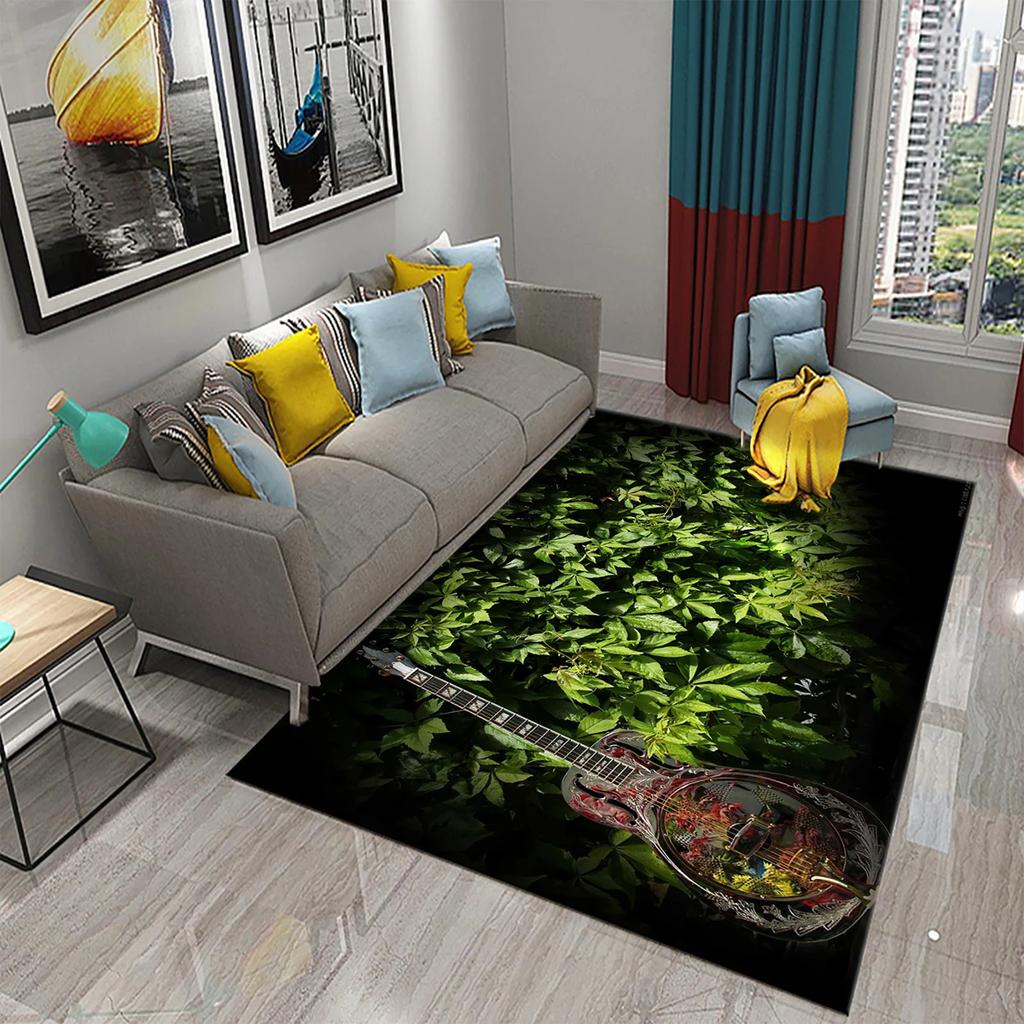 3D Water and Fire Guitar Carpet Music Enthusiast Carpets for Living Room Bedroom Decoration Kitchen Bathroom Non-slip Floor Mats