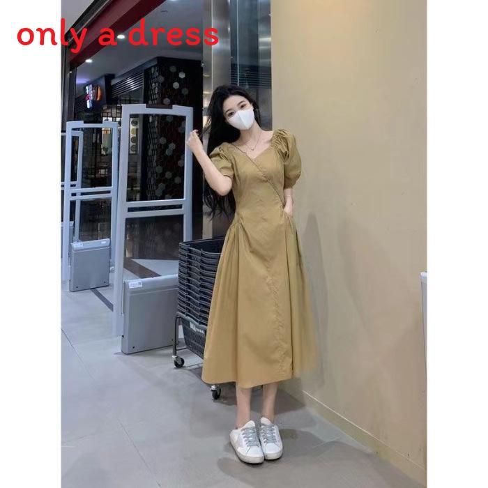 French Style Vneck Puff Sleeve Maxi Dress For Women Summer Casual Slim Fit