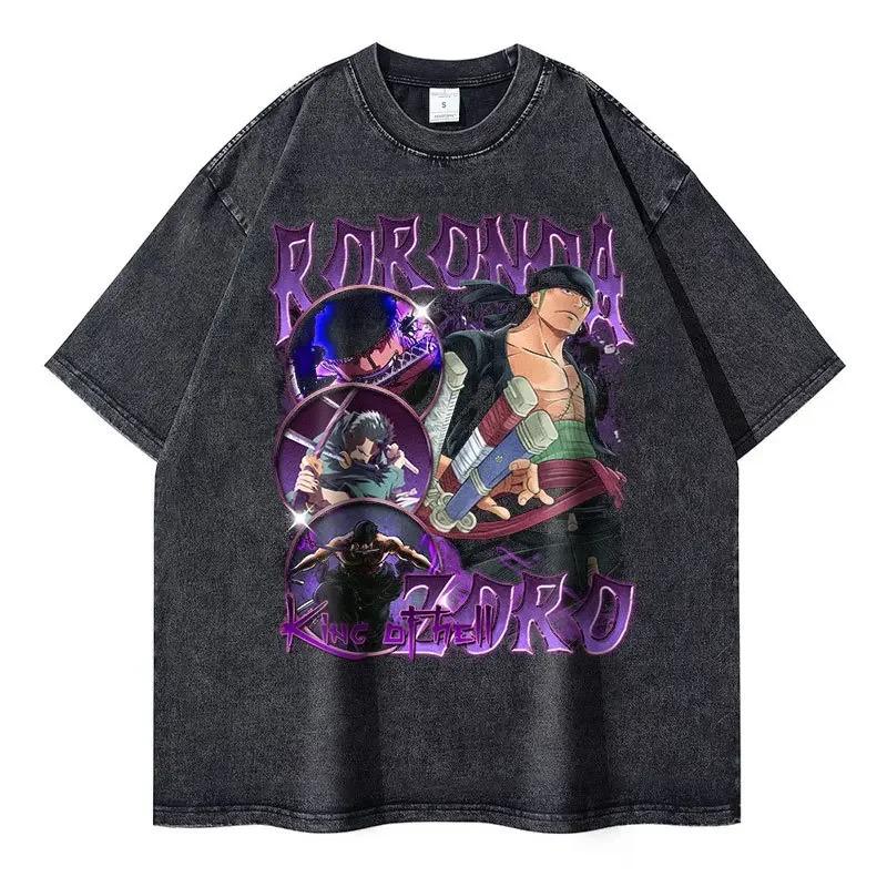 T-shirt con Stampa Grafica Manga di One Piece Roronoa Zoro per Uomo Donna Streetwear Harajuku Moda Top Oversize Cotone Lavato Retrò Girocollo Estate Nuova T-shirt