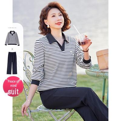 Women's Striped Lapel Sweatshirt & Pants Set