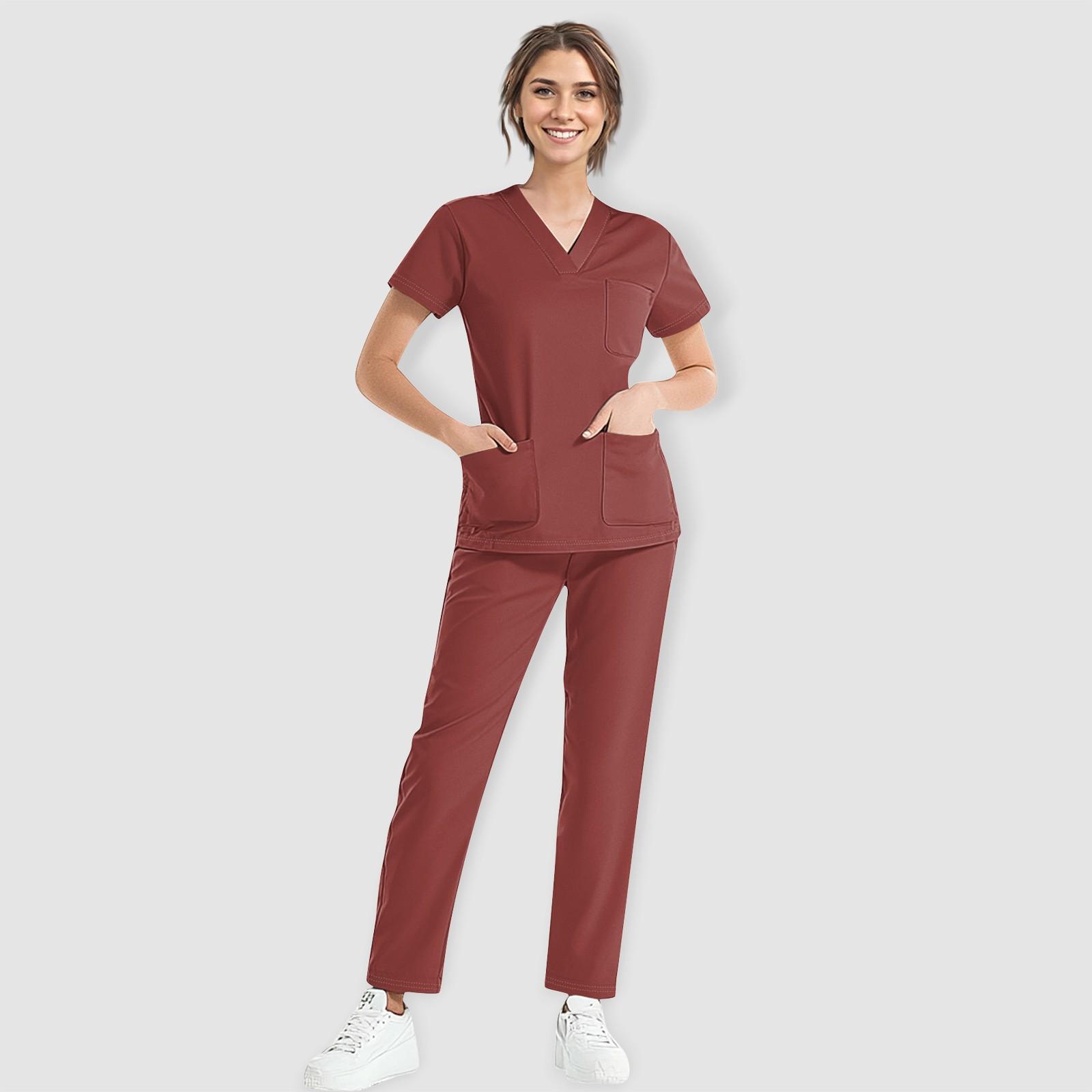 

Women s Short Sleeve V Neck Solid Color Chest Pocket Work Top Elastic Waist Pants Two Piece Work Set,3 Pockets,Scrubs Tops For Women M Кіновар