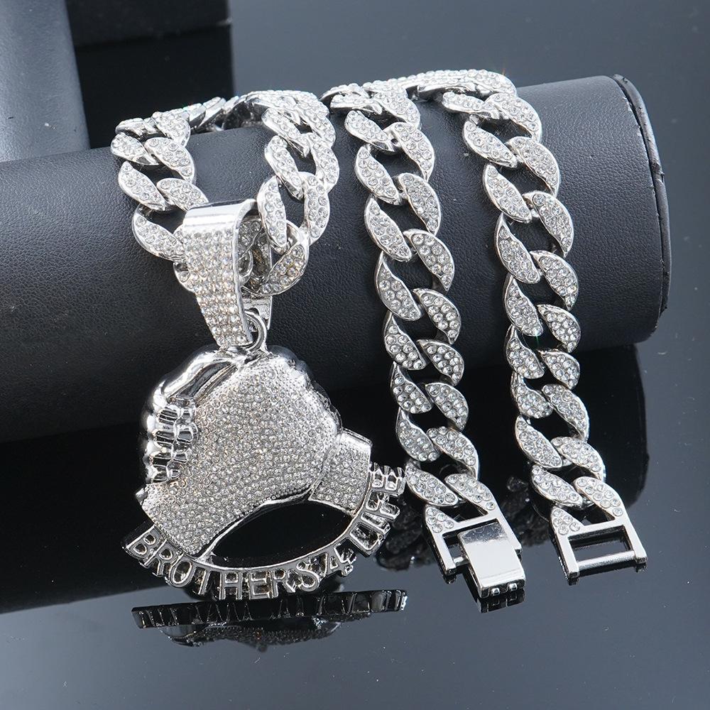 Hot Selling Hand In Hand Brothers 4 Life Full Diamond Alloy Pendant Fashion Cuban Chain Necklace Accessories