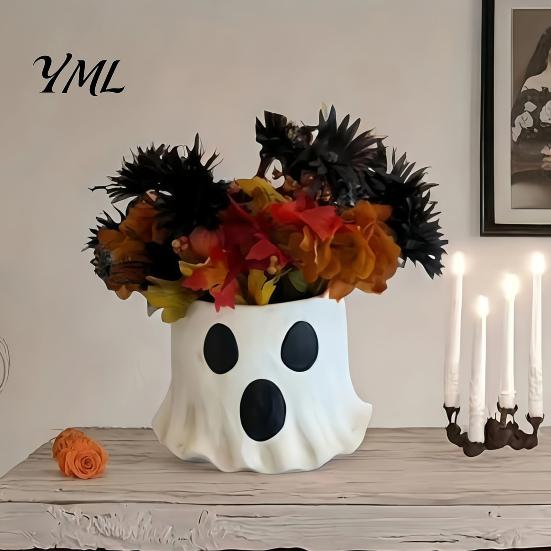 Cute Resin Ghost Storage Container Candy Bucket Decor, Halloween Planter Vase Decorative Figurine Bucket, Bowl for Indoor Outdoor Home Display