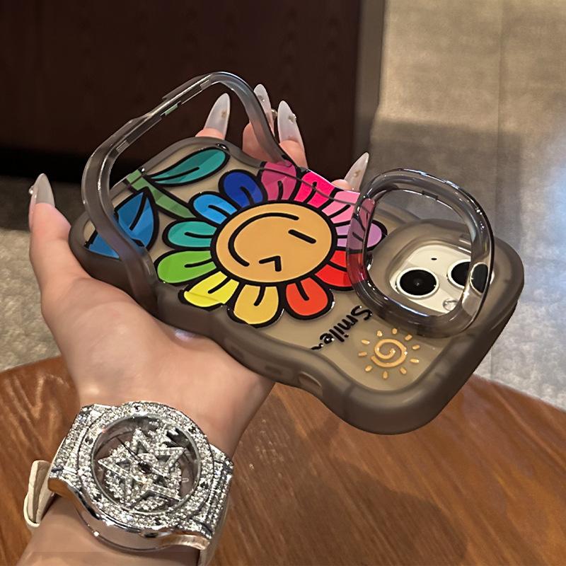 Applicable To Apple 16 Promax Mobile Phone Case 13 Smiling Face Sunflower 14 Transparent Silicone 15 Dual Bracket 11 Huawei 12