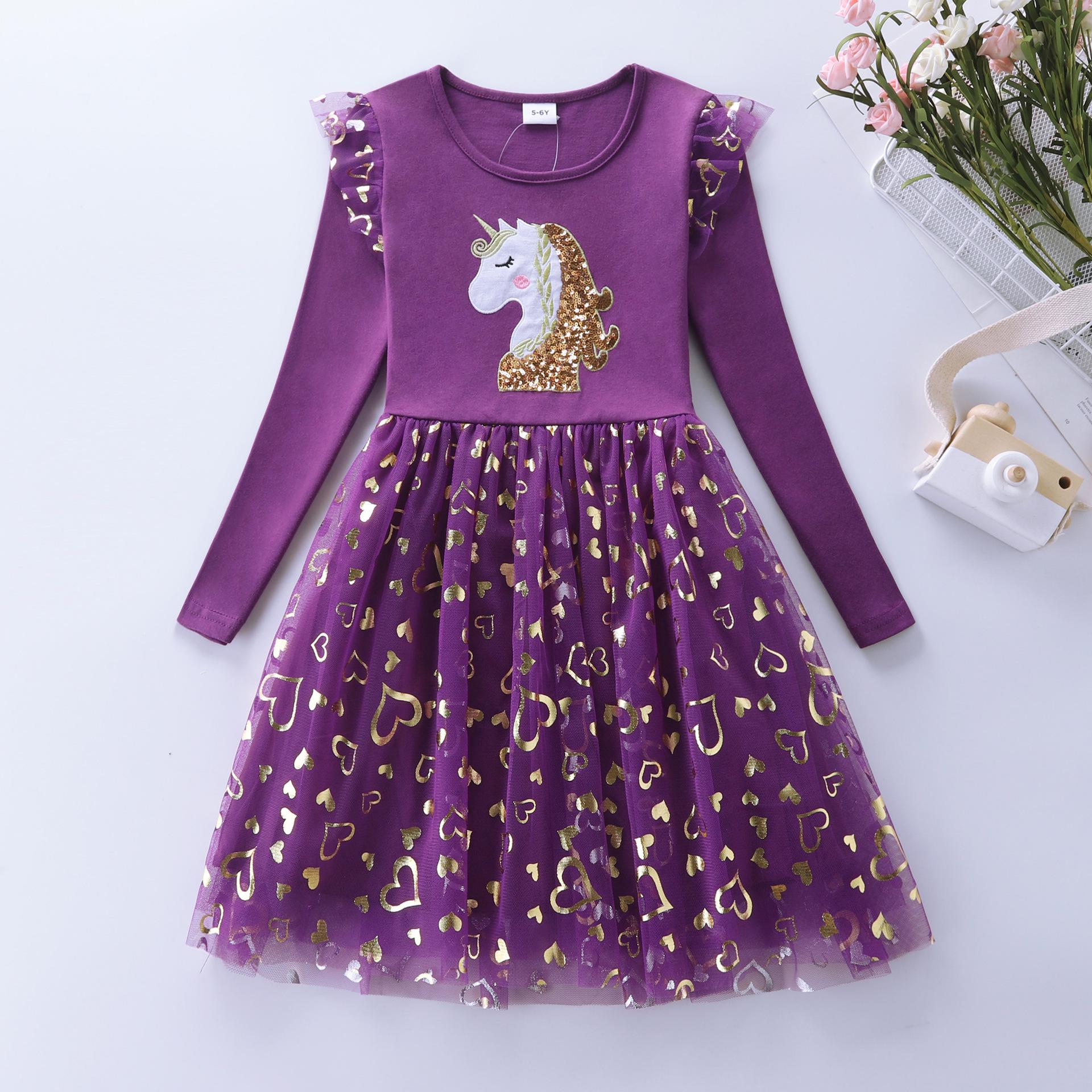 Mädchen Langarm Einhorn Pailletten Prinzessinnenkleid für Herbst Geburtstag oder Hochzeit 3-4Y=90cm violett