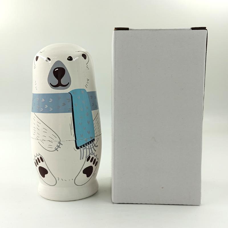 5-Layer Wooden Russian Nesting Dolls: White Big Bear Design for Children's Home Decor and Gifts