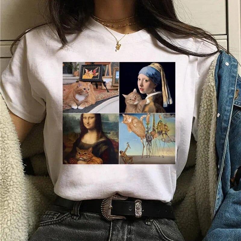 Camiseta Gato Van Gogh woUnisex estampado artístico pintura al óleo hermosa linda divertida camiseta dibujos animados años 90 ulzzang top casual camiseta mujer