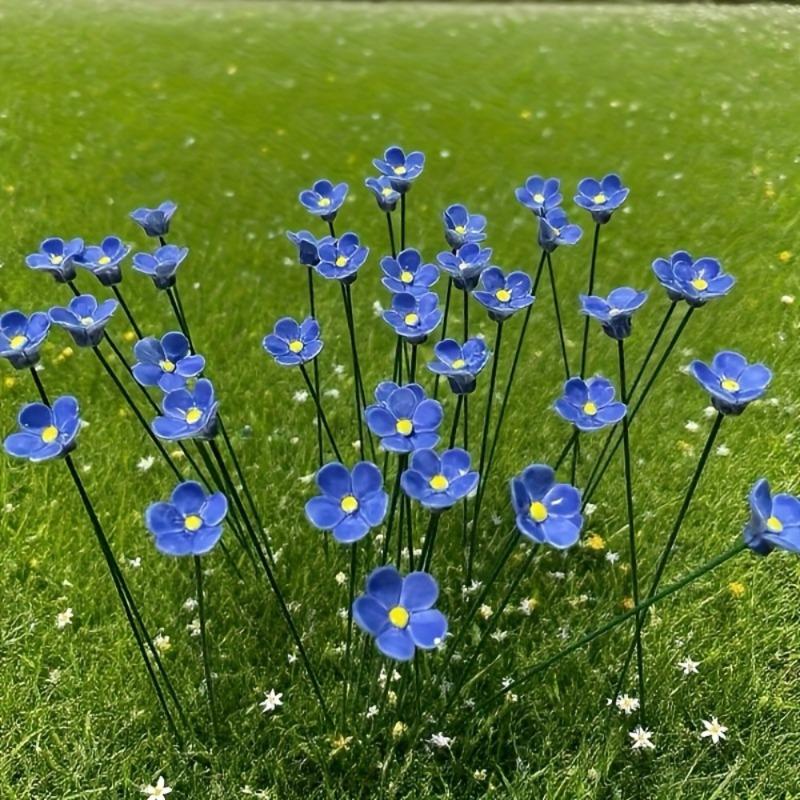 10pcs Forget-Me-Not Ceramic Flowers Handcrafted Fade-Resistant Pottery Decor for Indoor/Outdoor Home Decoration Preserved Flower