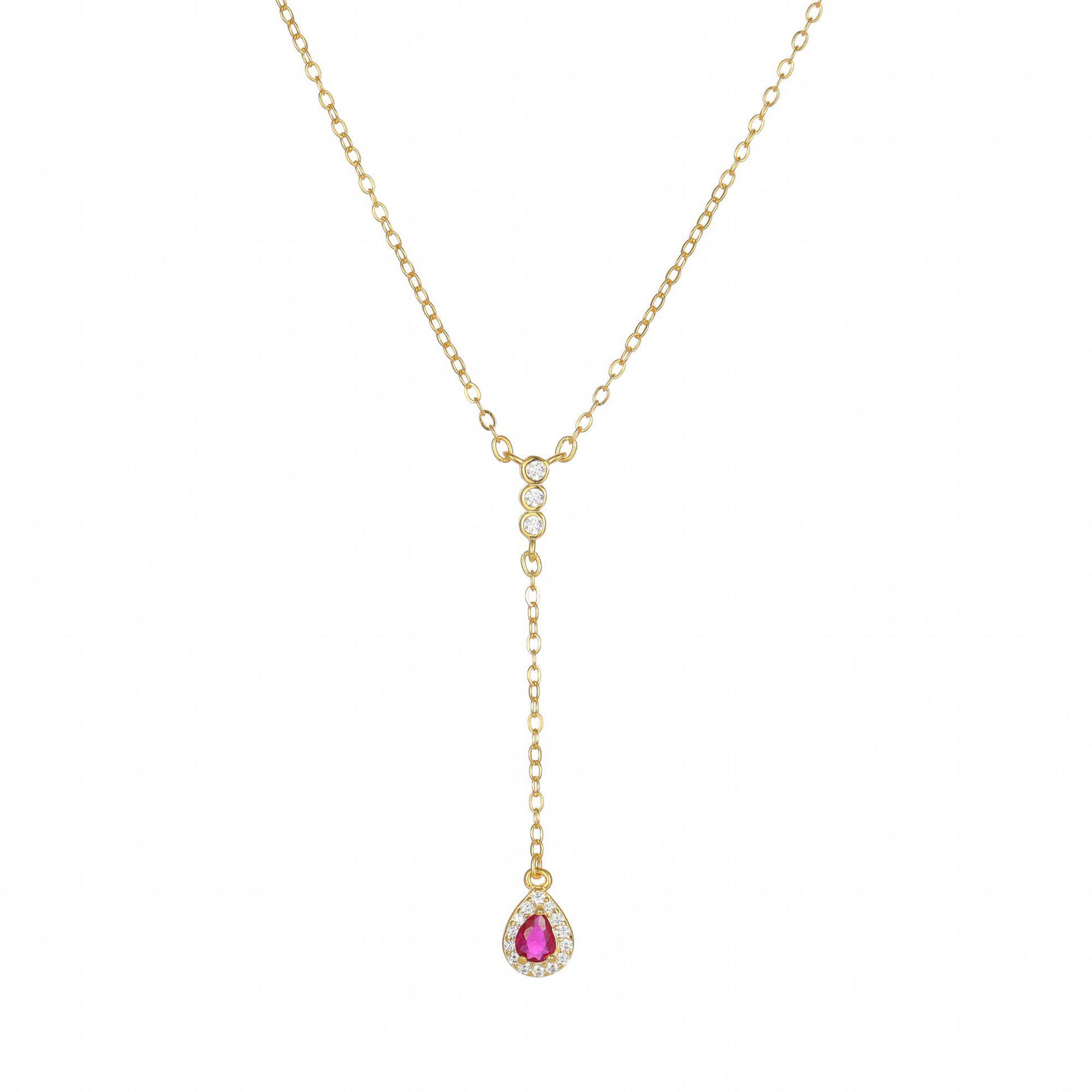 Elegant French Water Drop Red Zirconia S925 Sterling Silver Tassel Necklace for Women S925 Sterling Silver