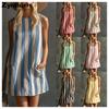 Neues Mode Vintage Gestreiftes Ärmelloses Rundhals Baumwolle Leinen Mini Kleid
