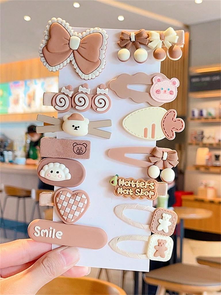 14-piece Hairpin Set Ladies Coffee Color Series Cute Hairpin Set Bow Bear Side Clip Hair Accessories