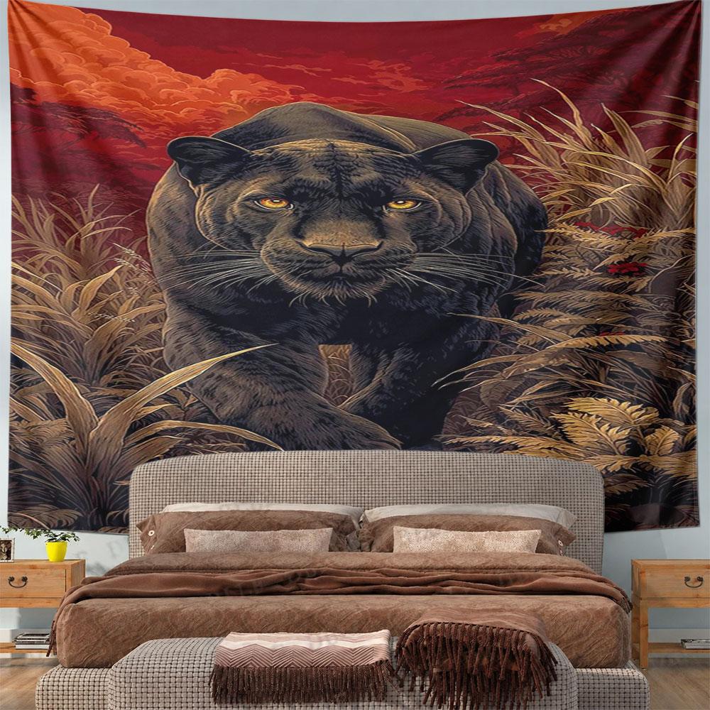 Majestic Black Panther in Fiery Jungle Pattern Wall Hanging Tapestry Decorative Tapestry Home Decor for Bedroom and Living Room
