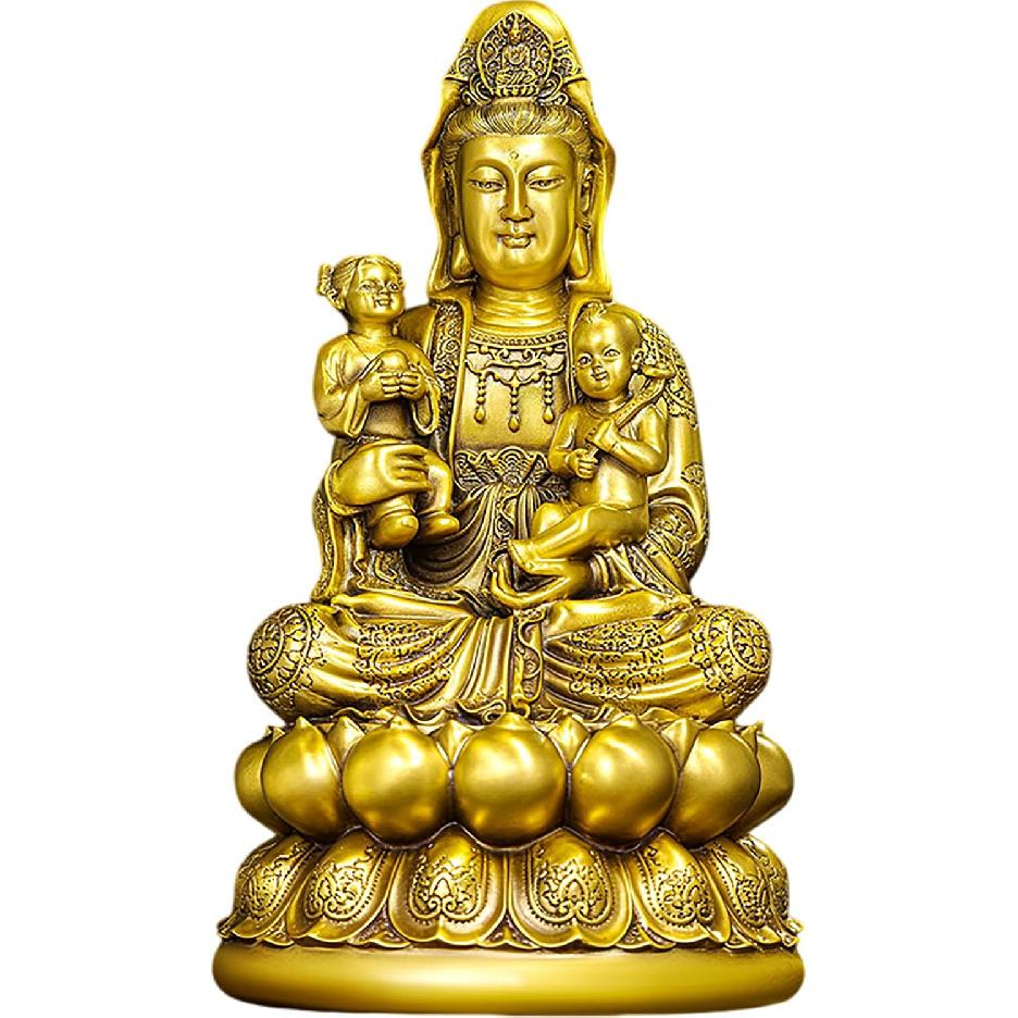 Aris & Juno Brass Guanyin with Children Feng Shui Statue – Chinese Fertility & Good Luck Figurine for Entryway, Home Office Desk or Shelf Decor,