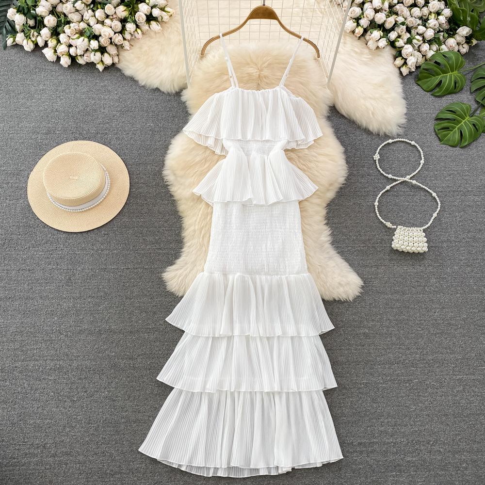 Women Hotsweet Chiffon Sundress Strap Cake Backless Sheath Bodycon Long Dress Vacation Retro Elastic Beach Dress