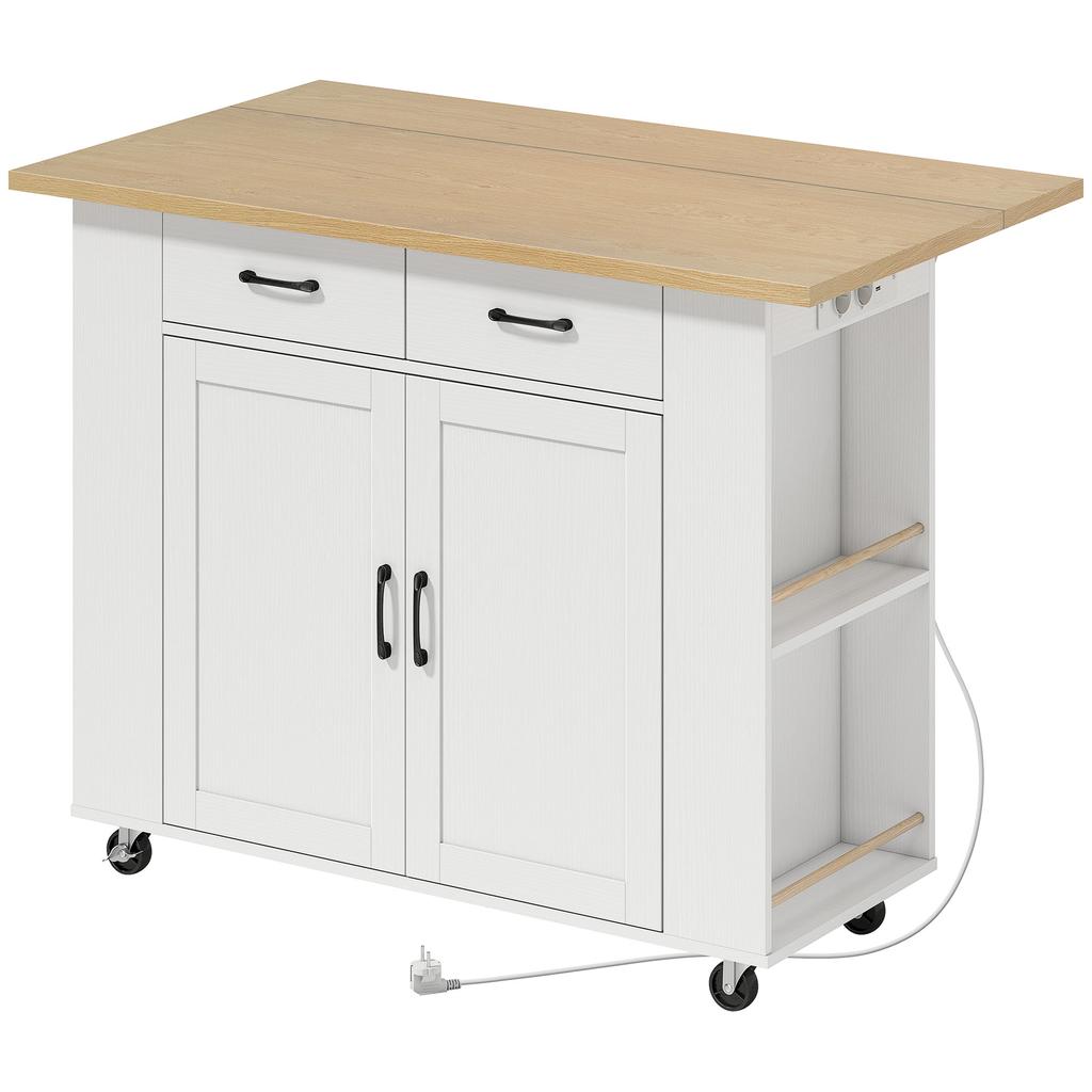 Isola Cucina con Stazione di Ricarica, Carrello da Cucina su Ruote con Piano di Lavoro Pieghevole, 2 Cassetti, Bianco