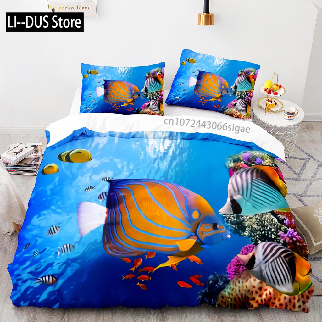 Fish Bedding Set Single Twin Full Queen King Size Marine life Bed Set Aldult Kid Bedroom Duvetcover Sets 3D Anime Kawaii 013