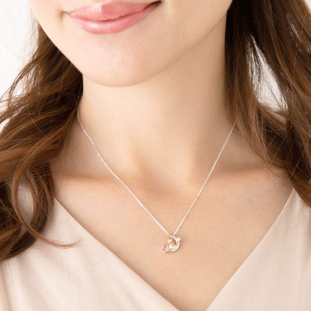 Mirai Tenshi Crescent Moon and Cat Necklace in Pink Silver with Choice of June Birthstone and Blue Moonstone Women's