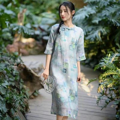 Vintage Summer Women Dress Stand Seven Sleeve Print Floral Female Button Chinese Style Dress