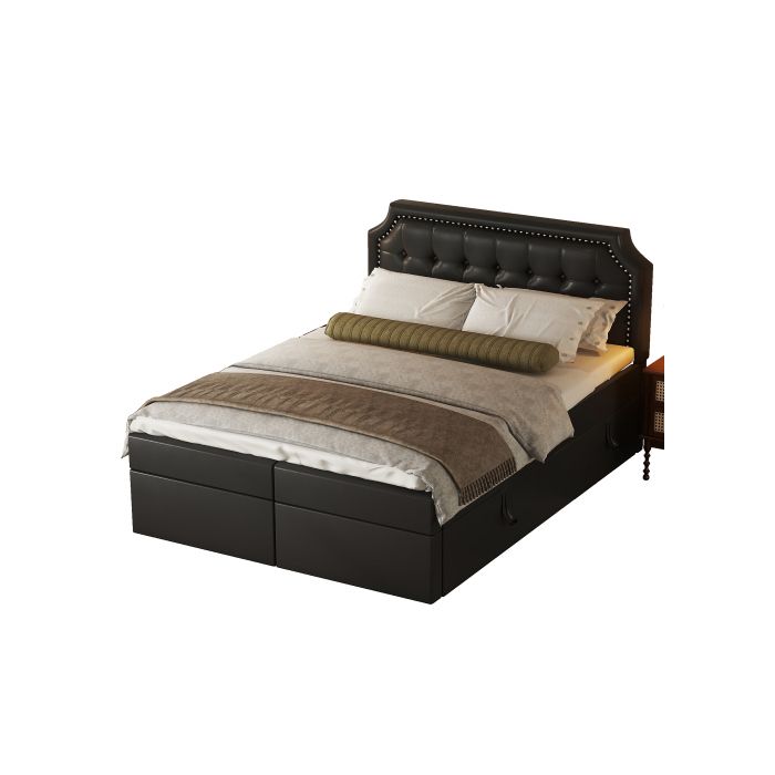 Lit double - MUVOE - 140x200cm - Noir - Sommier à lattes - Grand espace de rangement