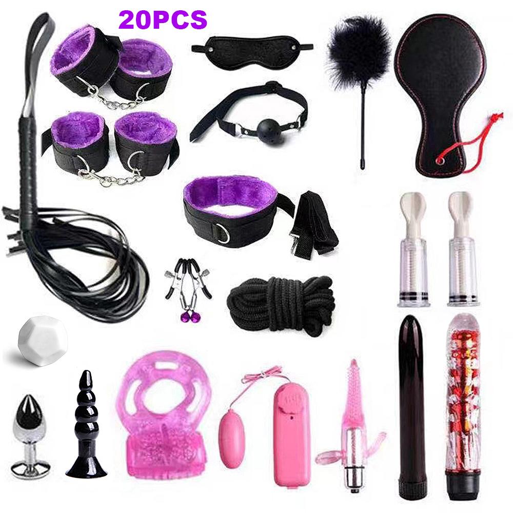 Fetish BDSM Kit Set Sex Toy Handcuffs for Woman Adult Supplies Handcuffs Whip Anal Plug Vibrator Bondage Rope Sexual Sexy Game