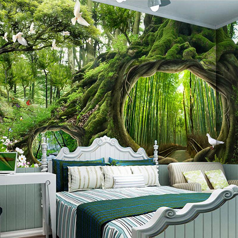 Green Forest Tree 3D Wallpaper Stereoscopic Mural Wall Painting Living Room Bedroom Background Murals