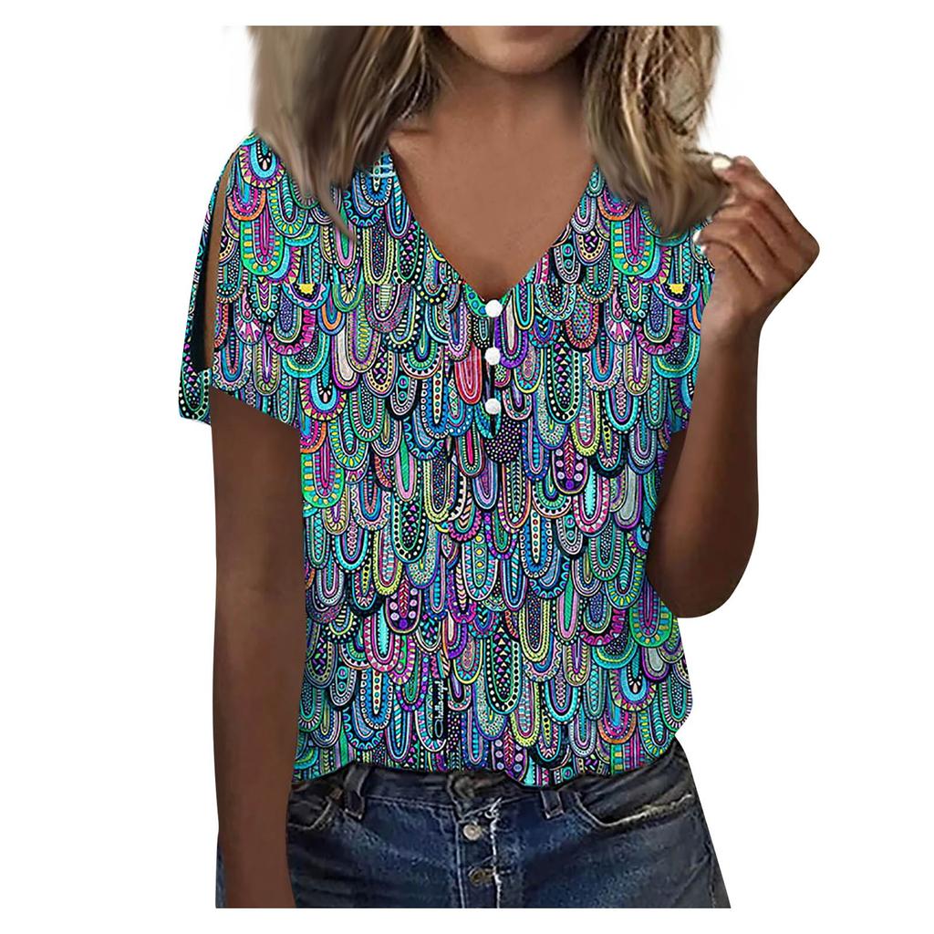 Bedrucktes T-Shirt mit V-Ausschnitt und kurzen Ärmeln für Damen