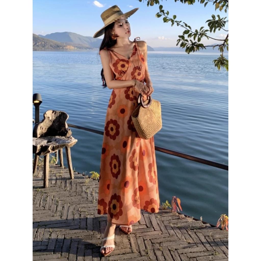 Casual Fashion Temperament Wear Seaside Vacation Print V-neck Suspender Dress Bohemian Beach Dress Summer Tide