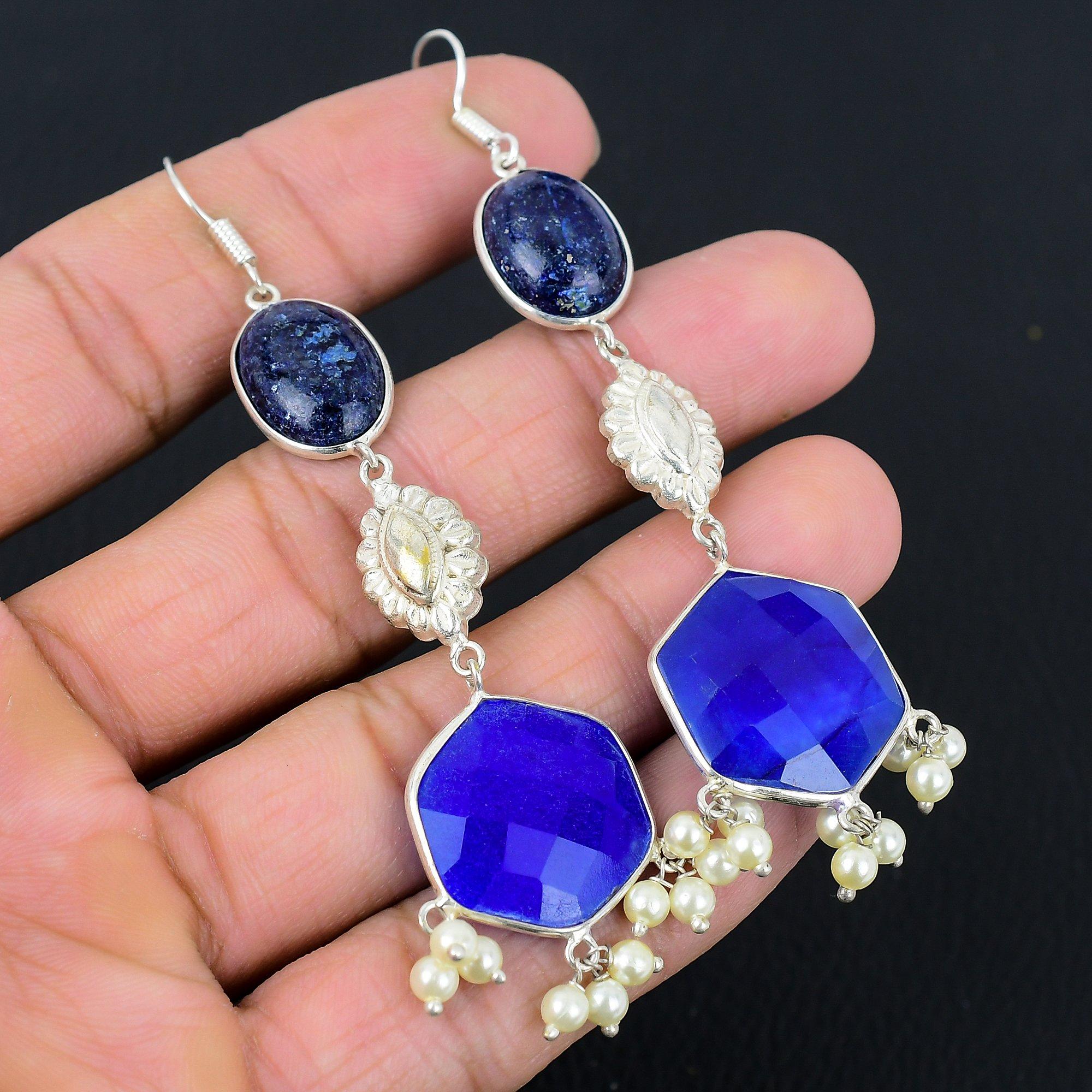 

Hexagon Blue Sapphire Gemstone Dangle Drop Earrings Jewelry 925 Sterling Silver