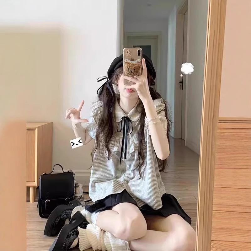 Women's Preppy Gray Striped Ruffle Puff Sleeve Two-Piece Set: Short-Sleeve Top and Skirt