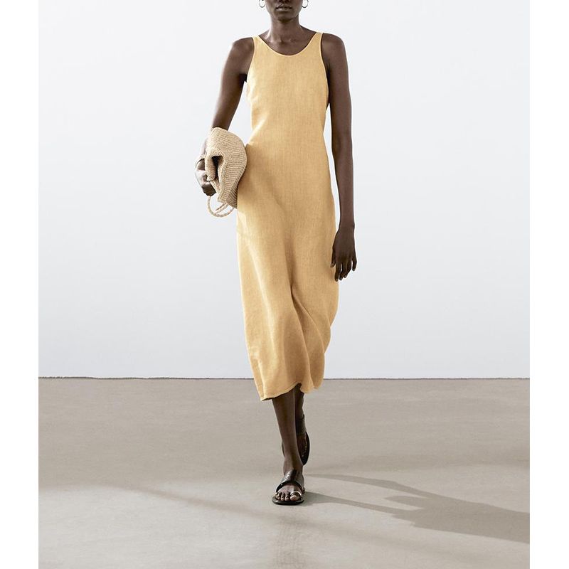 MD Summer Women's Clothing Vacation Style Minimalist Fancy Linen Blended Length Open Back Sling Dress 6633586