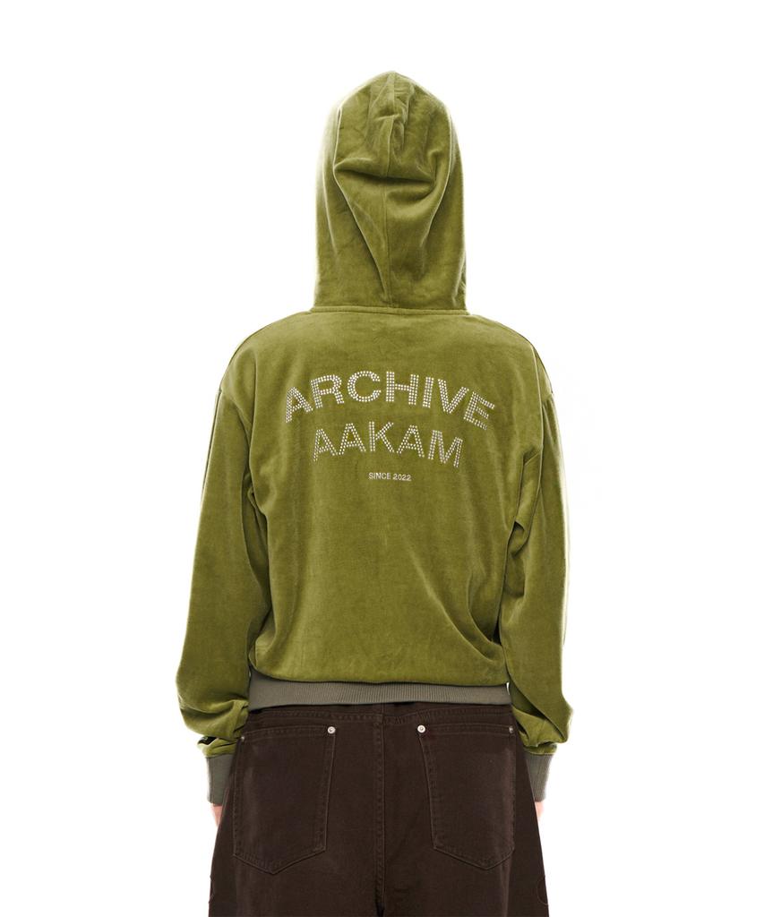 Aakam Rhinestone Velor Zip-Up Hoodie (Green)