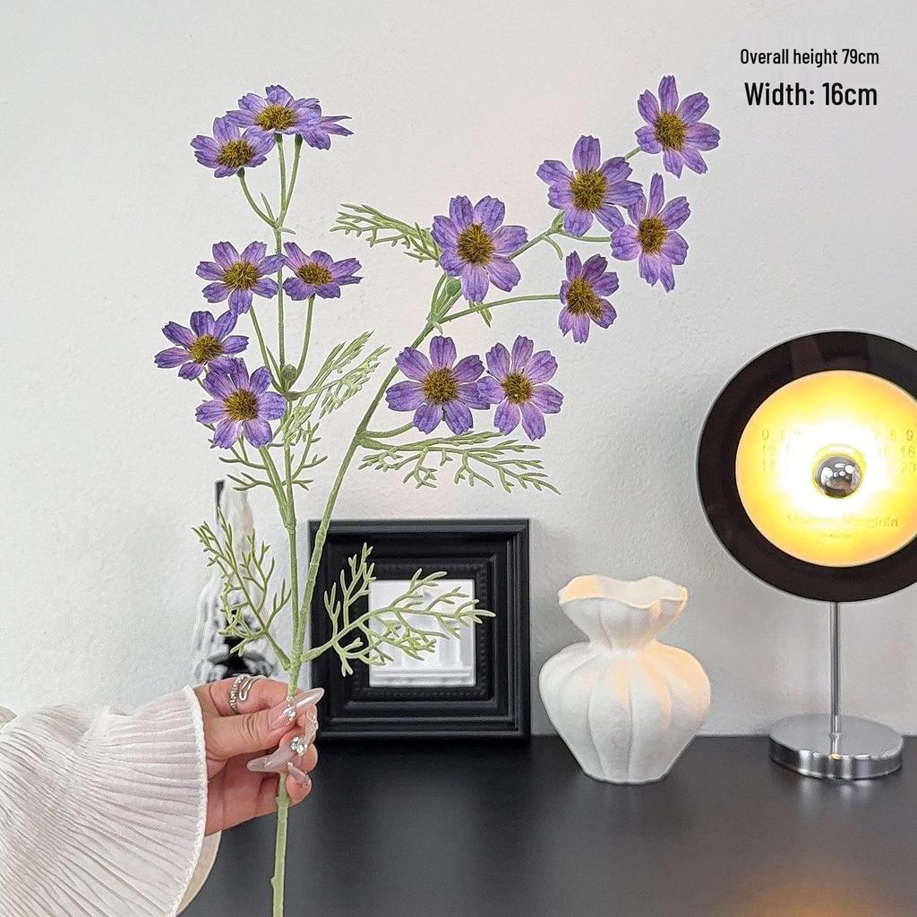 High-Grade Artificial 2-Branch Long Stem Flocked Small Daisy Bouquet for Home Dining Table Decor