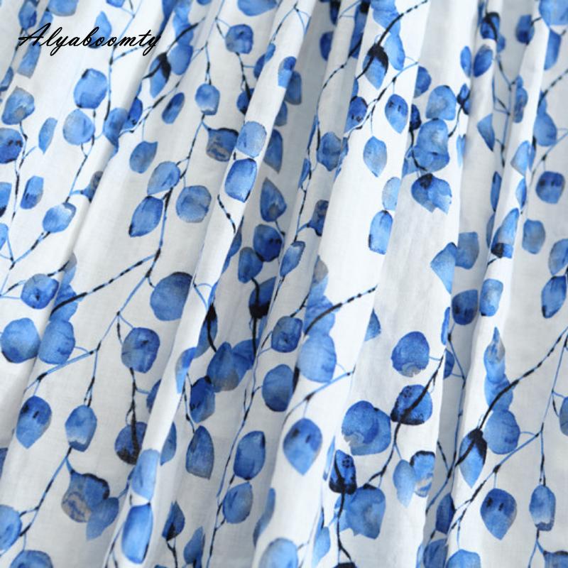 Korean Style Summer Autumn Women Midi Skirt High Waist Blue Floral Print Vintage Skirt Cotton Linen Retro A-Line Soft Skirt