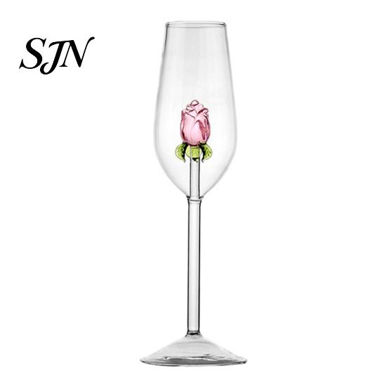 Bicchieri di Lusso per Feste Bicchiere da Vino Rosso con Rose e Foglie Verdi Decorato, Calice Trasparente Squisito Design Floreale, Bicchiere Decorativo,