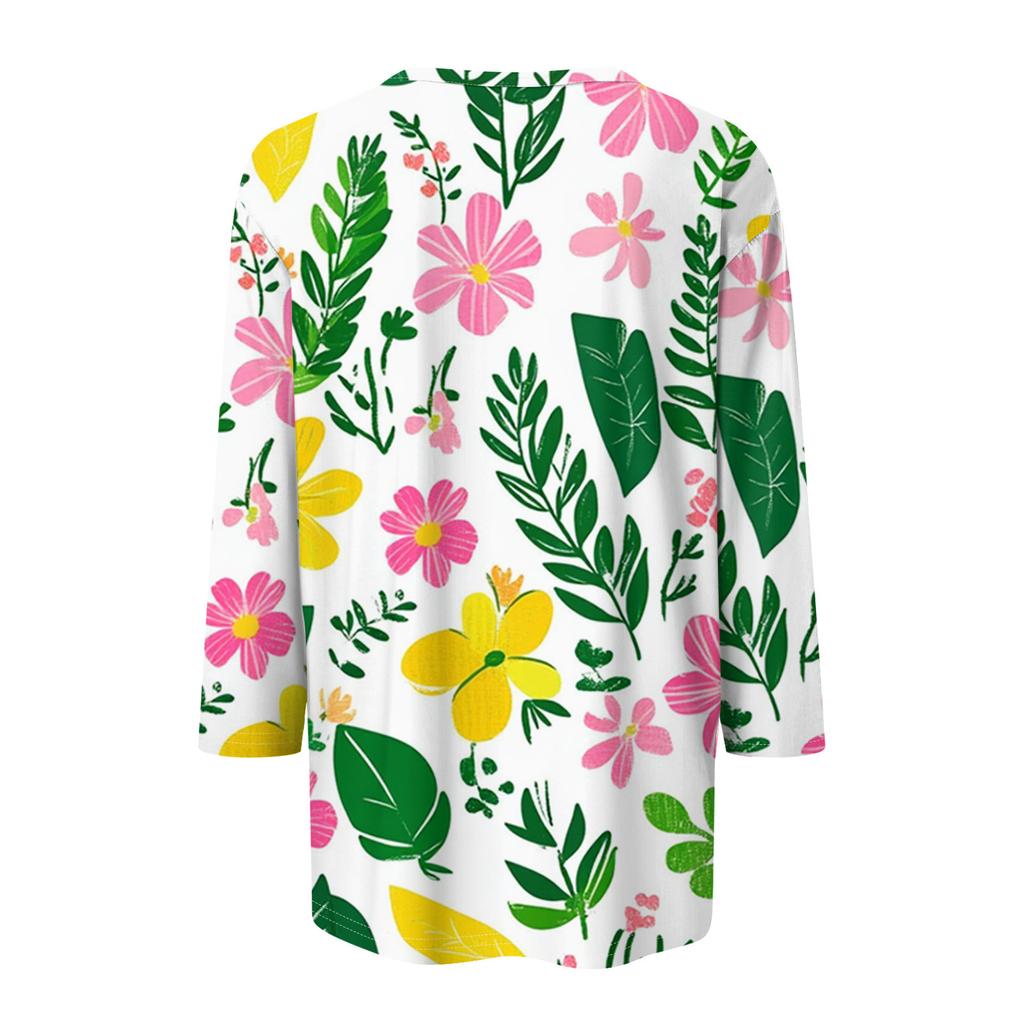Ladies' Fashionable And Casual Seven Quarter Sleeve Floral Print Pullover Top