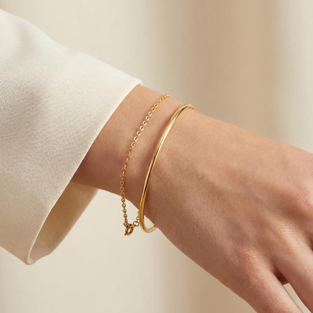 Chic Simple 18K Gold Plated Doule Layer Stainless Steel Bracelet Bangle for Women Non-fading Fashion Elegant Jewelry