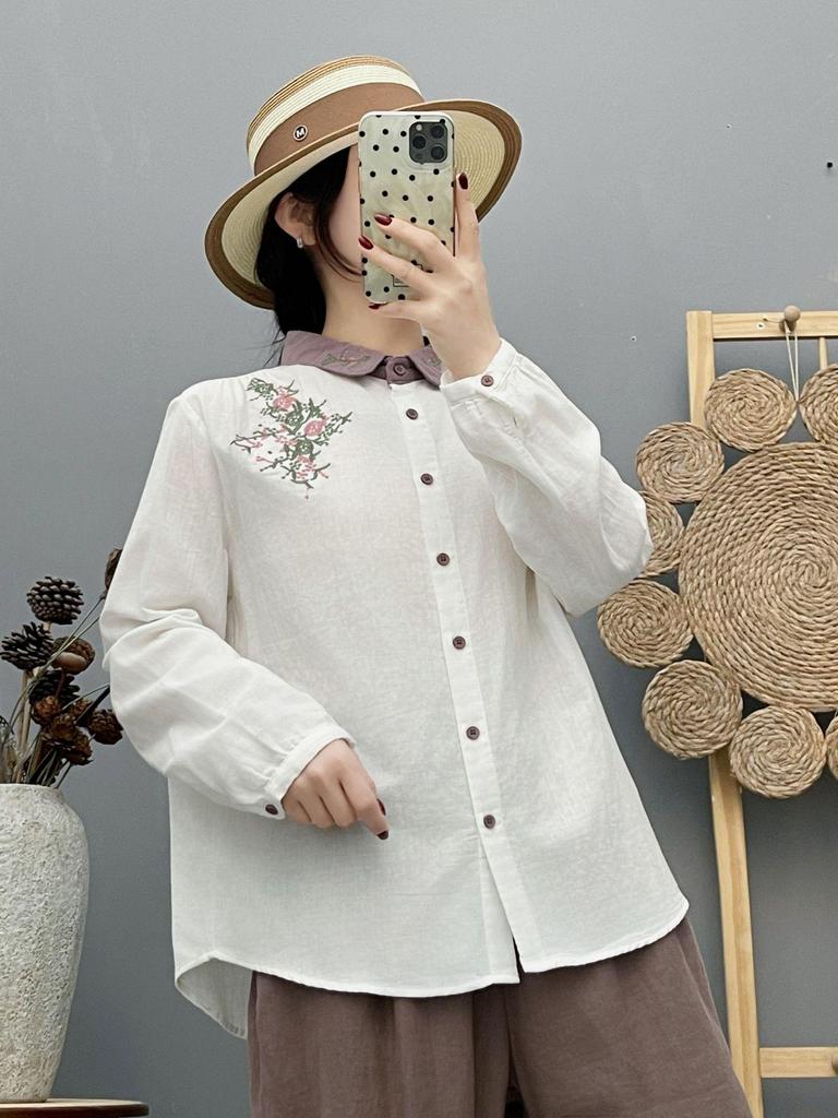 Women's Retro Embroidered Collar Double-Layer Cotton Long-Sleeve Shirt, Spring 2026 Collection - Soft, Skin-Friendly, and Breathable