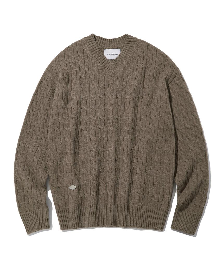 DTHIRTYONE Cable V-Neck Wool Sweater_Light Brown