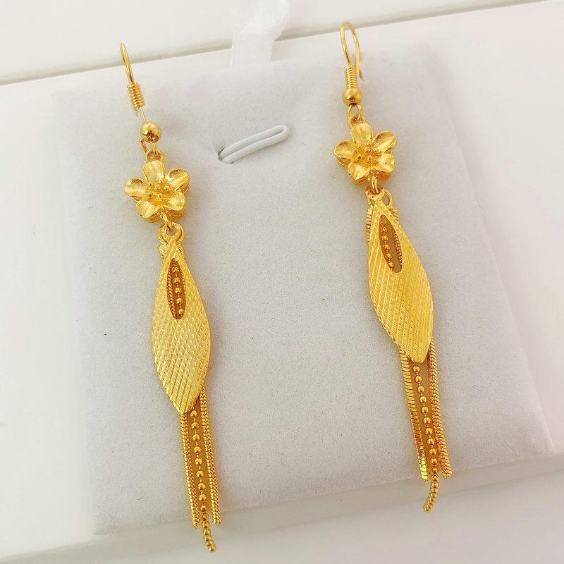 Vietnam Sand Gold Flower Earrings Ins Jewelry Plated 18K Gold Women'S Korean Version Long Leaf Tassel Earrings